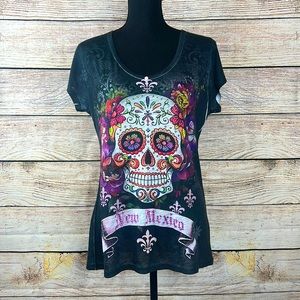 New Mexico Sugar Skull Black Bedazzled Short Sleeve Tee Size L